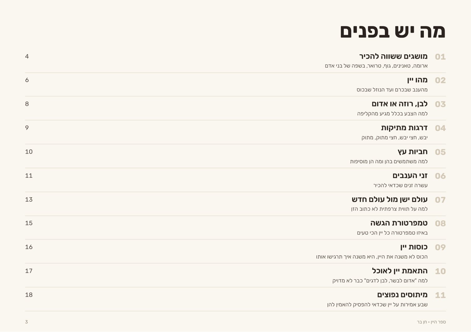 תוכן העניינים של ספר היין: אחד עשר פרקים